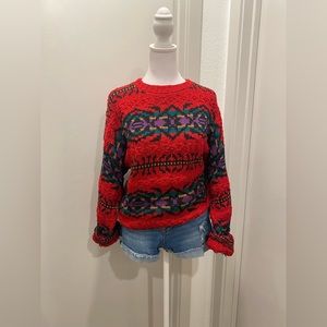VTG 90s Lands' End Red Tribal Print Knitted Crew Neck Long Sleeve Sweater - M